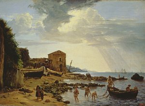 La playa de Sorrento con vista a la isla de Capri